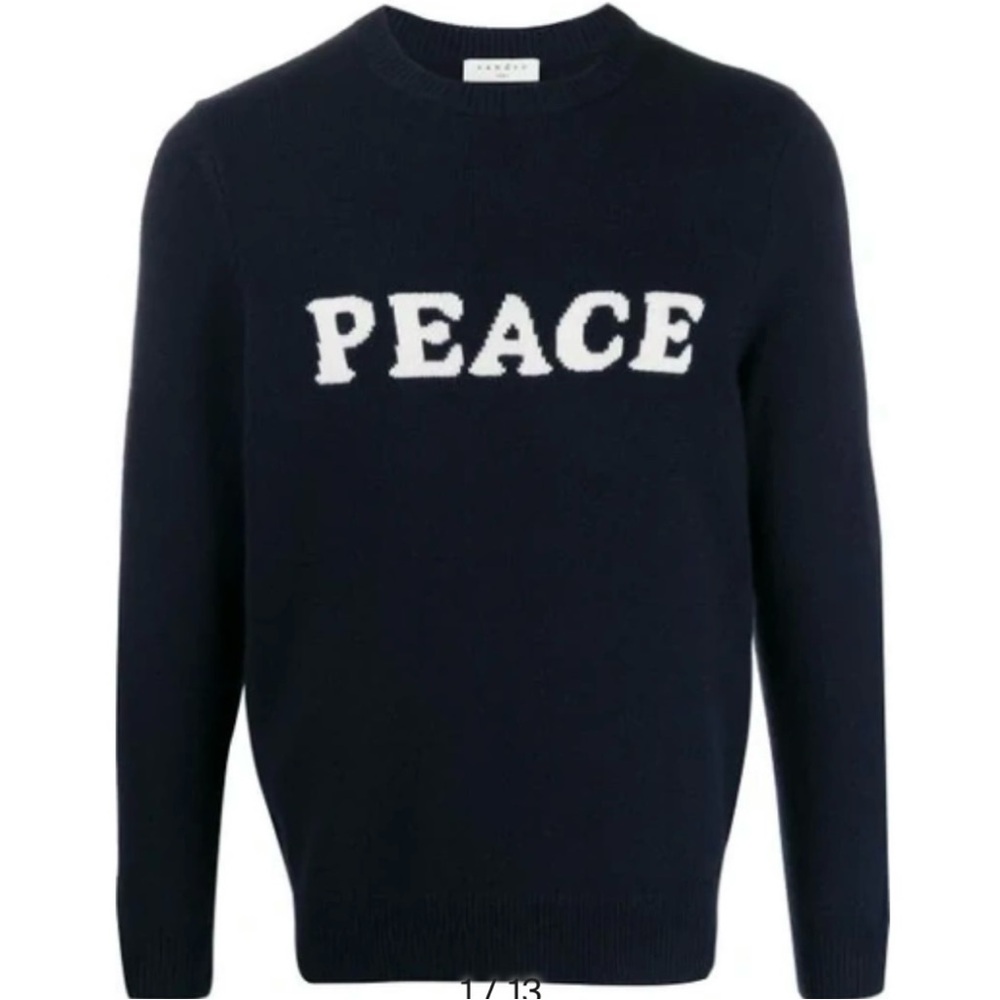 Sandro Paris ‘Peace’ Wool and Cashmere Navy Blue and White Crewneck Sweater